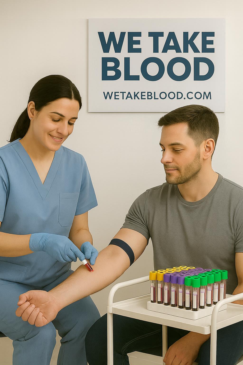 A professional phlebotomist drawing blood from a patient in a home setting.
